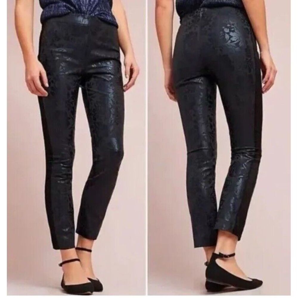 Anthropologie The Essential Skinny Black Pants Floral Foil Jacquard Sz 8 Tuxedo